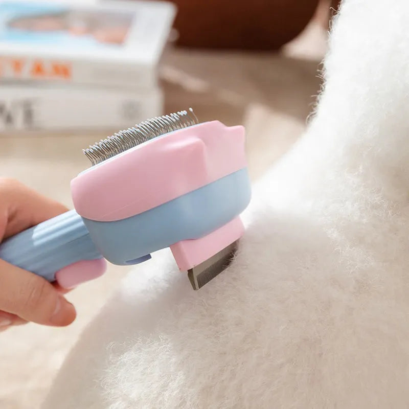 Blue and green double-sided pet grooming brush showing deshedding rake and dematting comb sides.