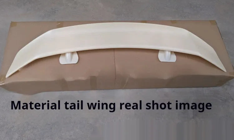 Universal car punch-free tail wing spoiler in ABS plastic, showing bright black, bright white, and carbon pattern finish options.