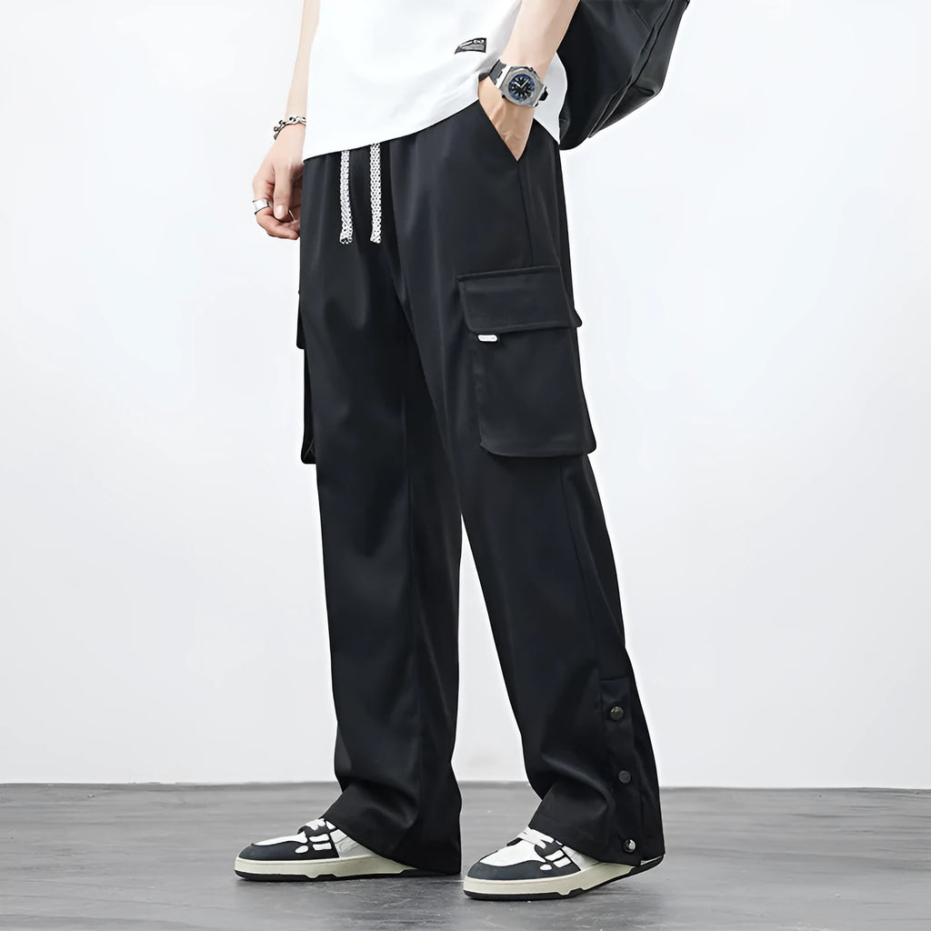 Plus size men's loose straight-leg nylon overalls in black, army green or gray, summer casual work style