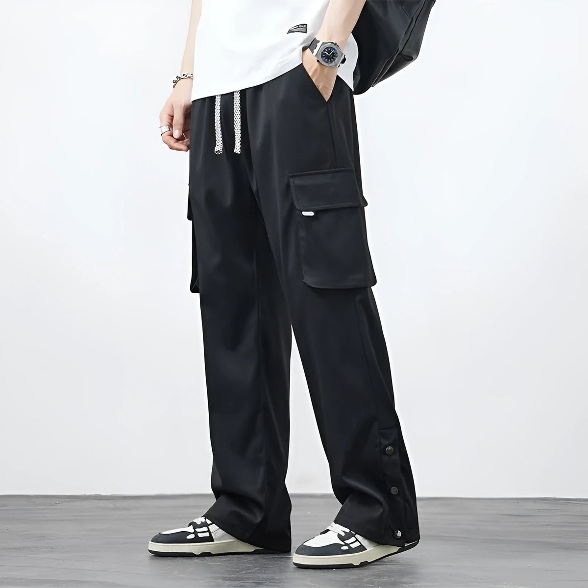 Plus size men's loose straight-leg nylon overalls in black, army green or gray, summer casual work style