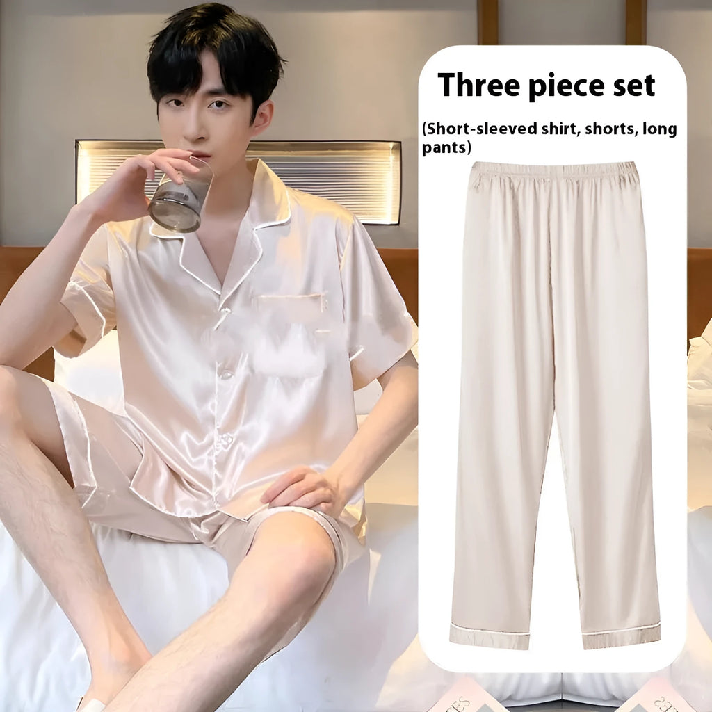 Men's ice silk home wear three-piece set with top, trousers and shorts in thin fabric