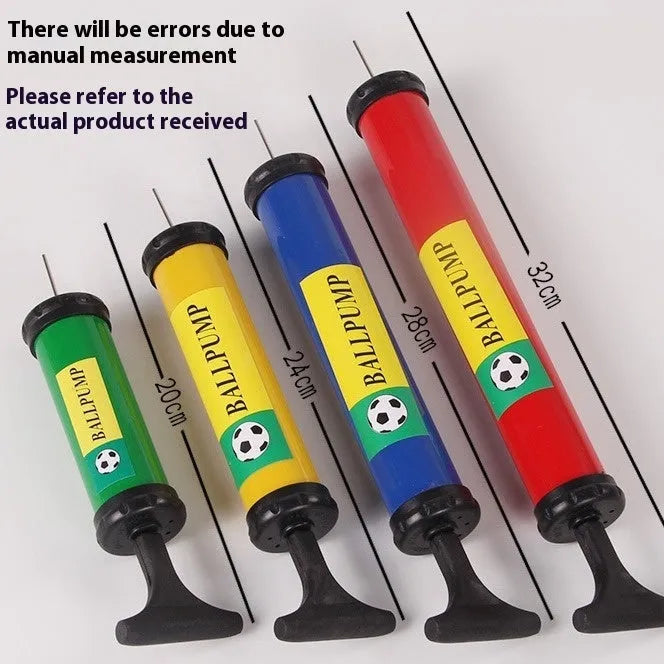 Manual plastic pump for sports balls and balloons in mixed colours with high-pressure charging cylinder