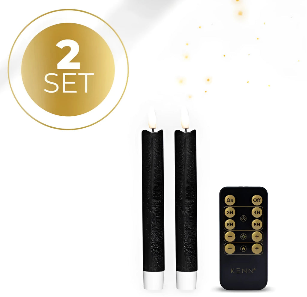 Black LED taper candle with realistic 3D flickering flame effect, measuring 18cm tall.