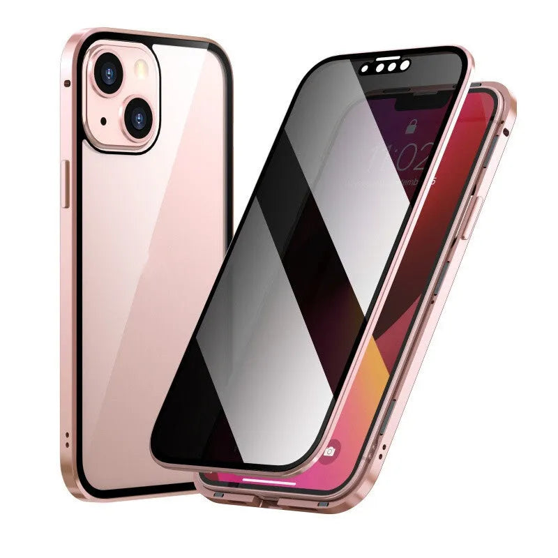 Black Magneto privacy phone case with metal frame for iPhone, showing anti-peep screen protector.