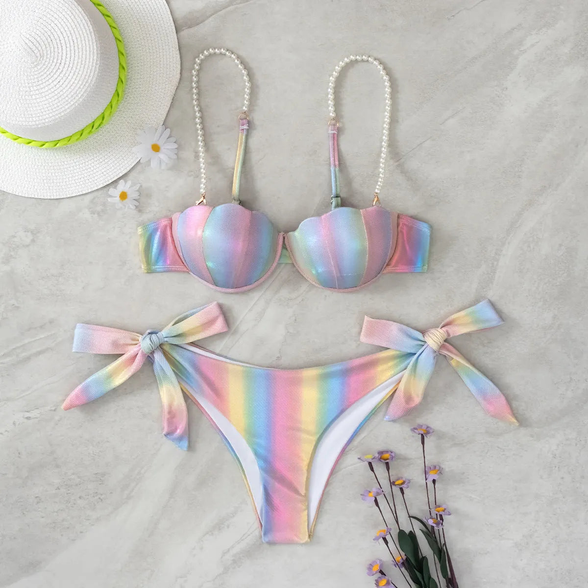 Women's rainbow shell pattern bikini swimsuit with split design and tied elements