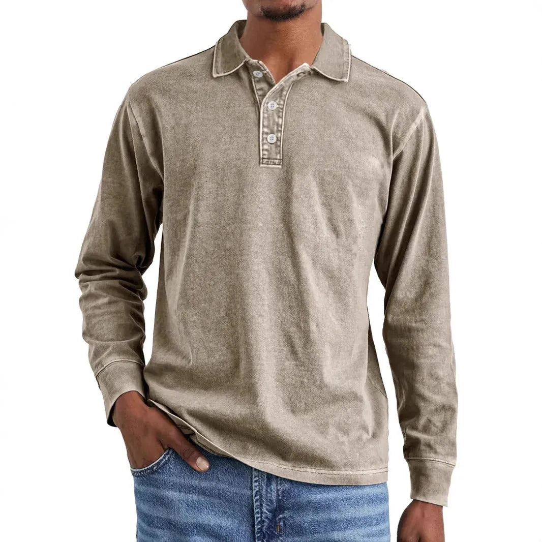 Men's retro washed pure cotton long sleeve polo shirt with a distressed lapel in army green
