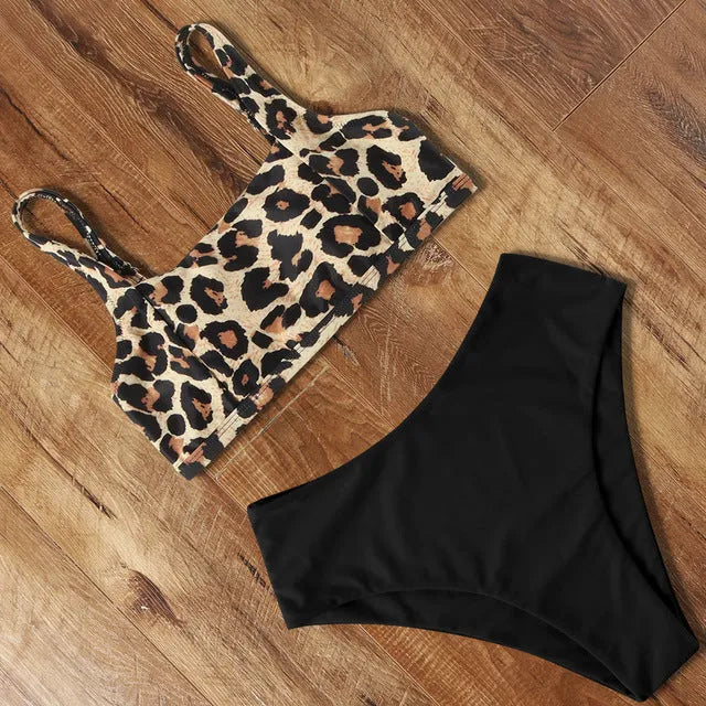 Women's leopard print high-waist bikini with push-up bra in polyester fabric