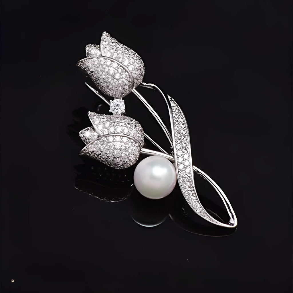 Silver tulip coloured flower brooch with micro-inlaid zircon detailing on electroplated alloy