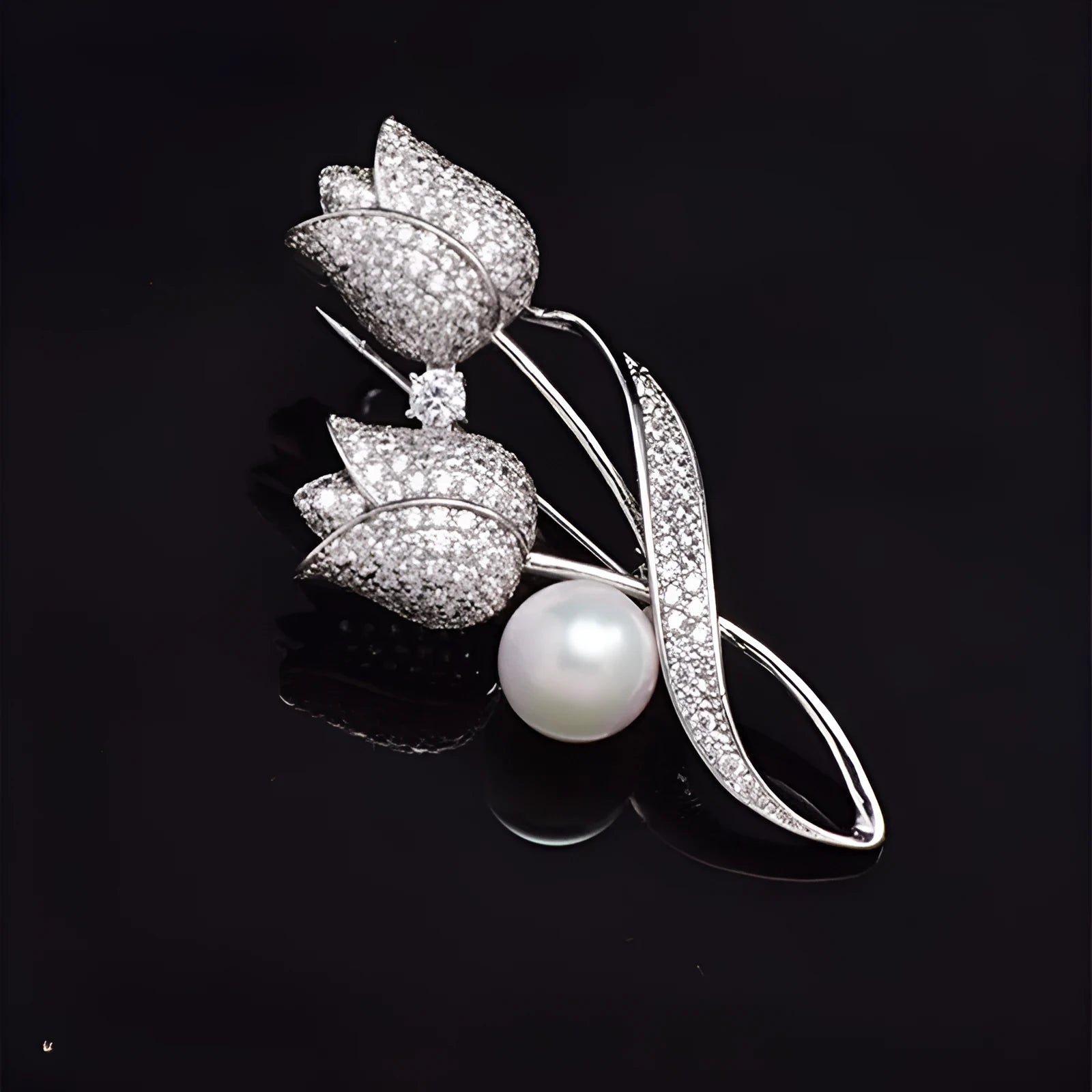 Silver tulip coloured flower brooch with micro-inlaid zircon detailing on electroplated alloy