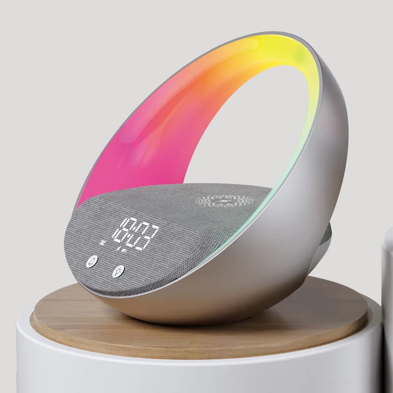 Beige multifunctional Bluetooth speaker with wireless charging pad, LED light, and digital clock display on wooden surface