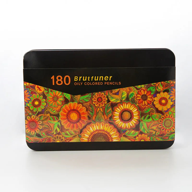 Open tin box showing 180 colourful oily pencils with wooden barrels and attached brush tips for painting.