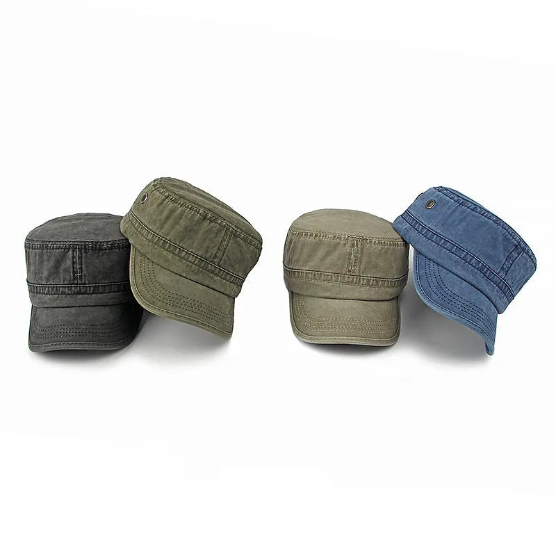 Cotton military flat top cap in army green colour with adjustable strap
