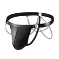 Black men's patent leather thong underwear with metallic chain detailing