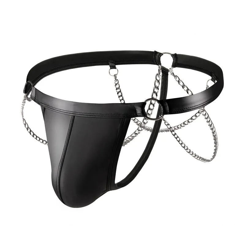 Black men's patent leather thong underwear with metallic chain detailing