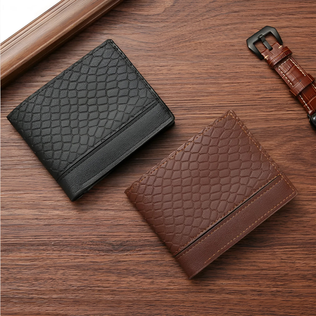 Snakeskin pattern men's short wallet in PU leather with card slots and coin pocket, black colour, front view