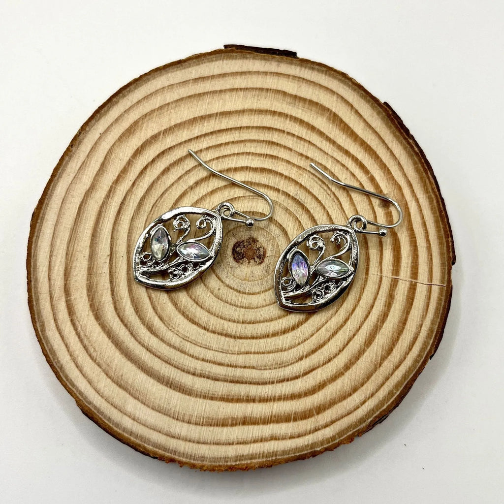 Silver colour leaves-shaped earrings with colourful moonstone embedded in centre