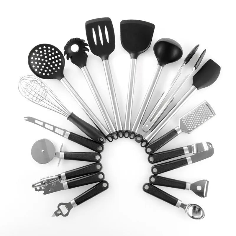 Black silicone and stainless steel kitchen spatula and spoon set with 16 pieces