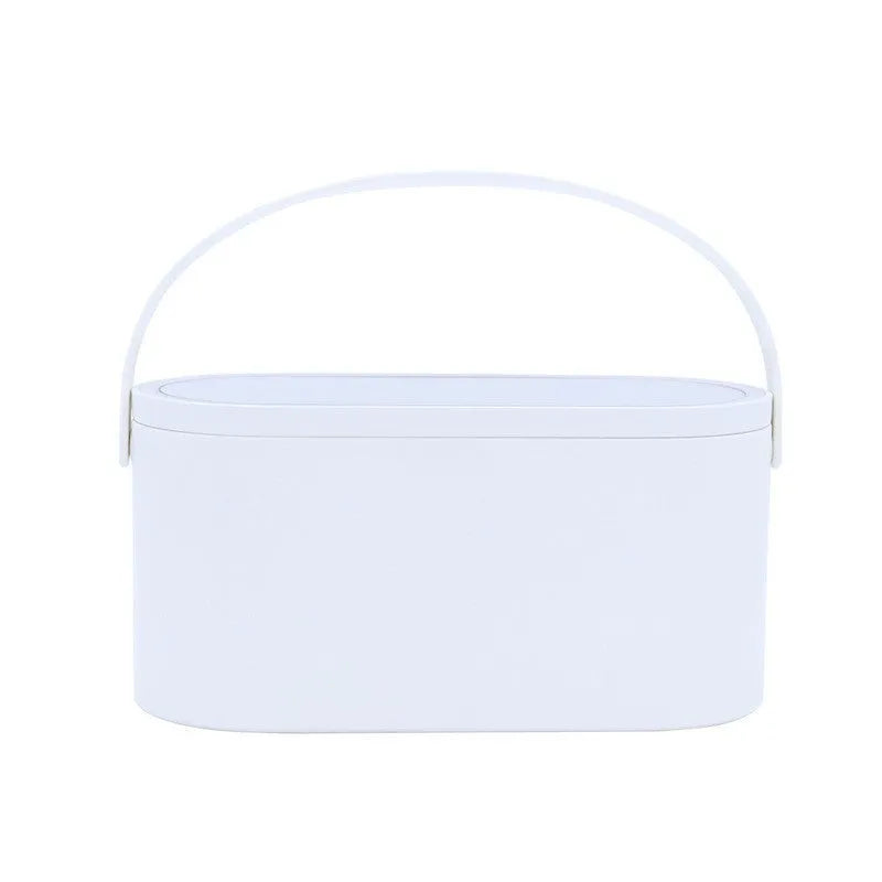 Portable pink and white makeup mirror with storage box and aluminium mirror lens