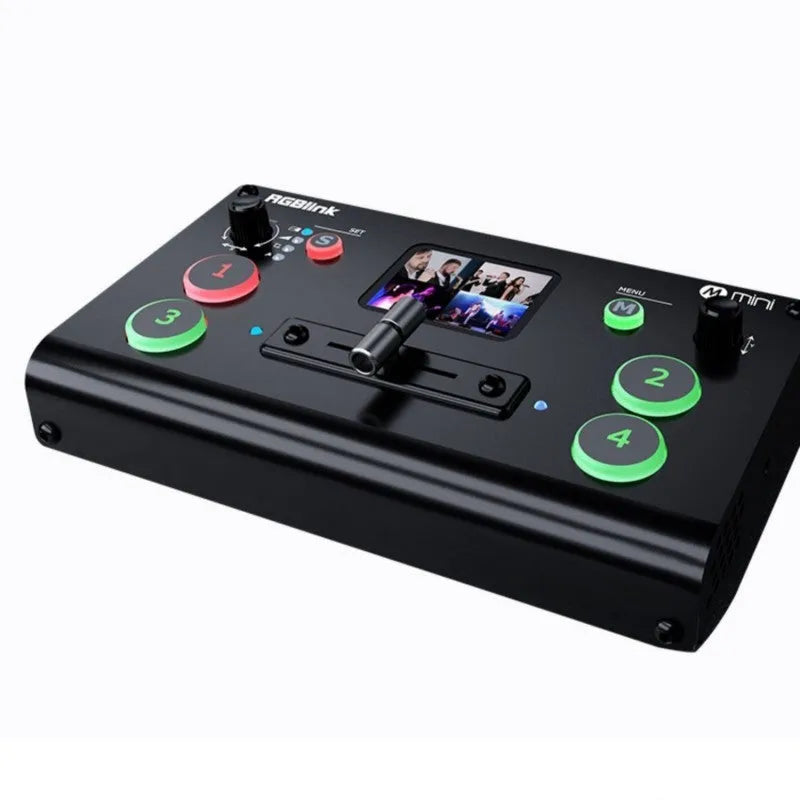 RGBLINK 4-input HDMI video switcher unit with integrated TFT colour screen and control buttons.
