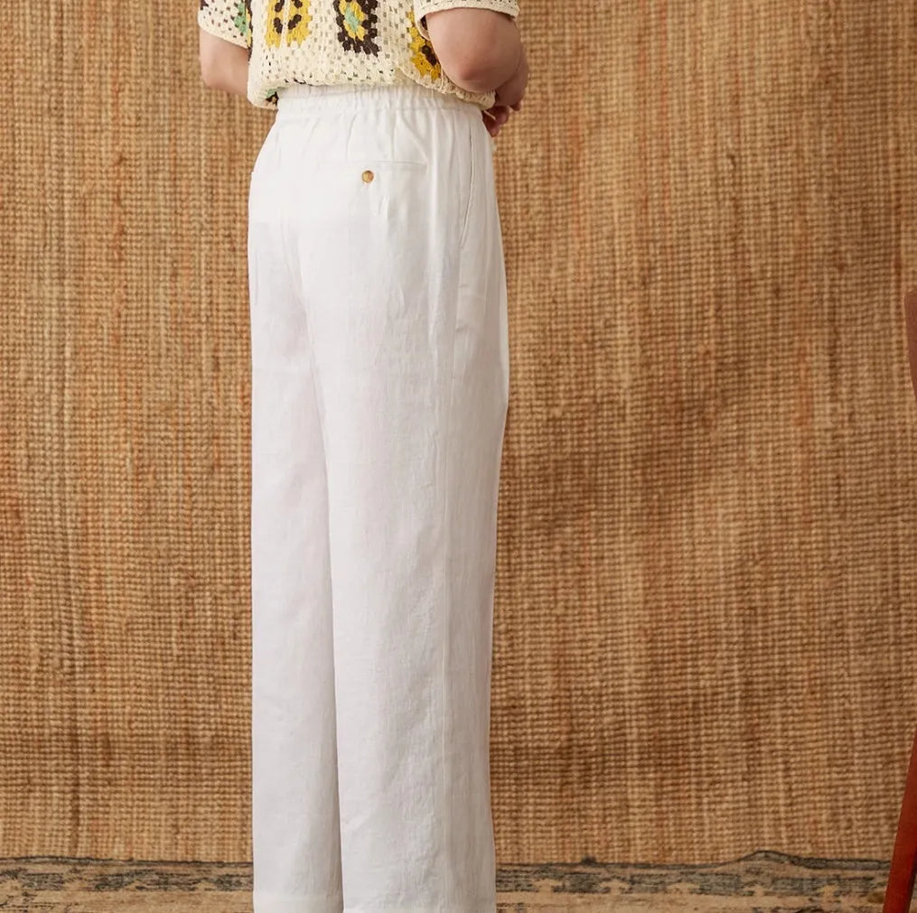 Linen loose high waist trousers with elasticated waistband in navy blue, straight-leg casual pants