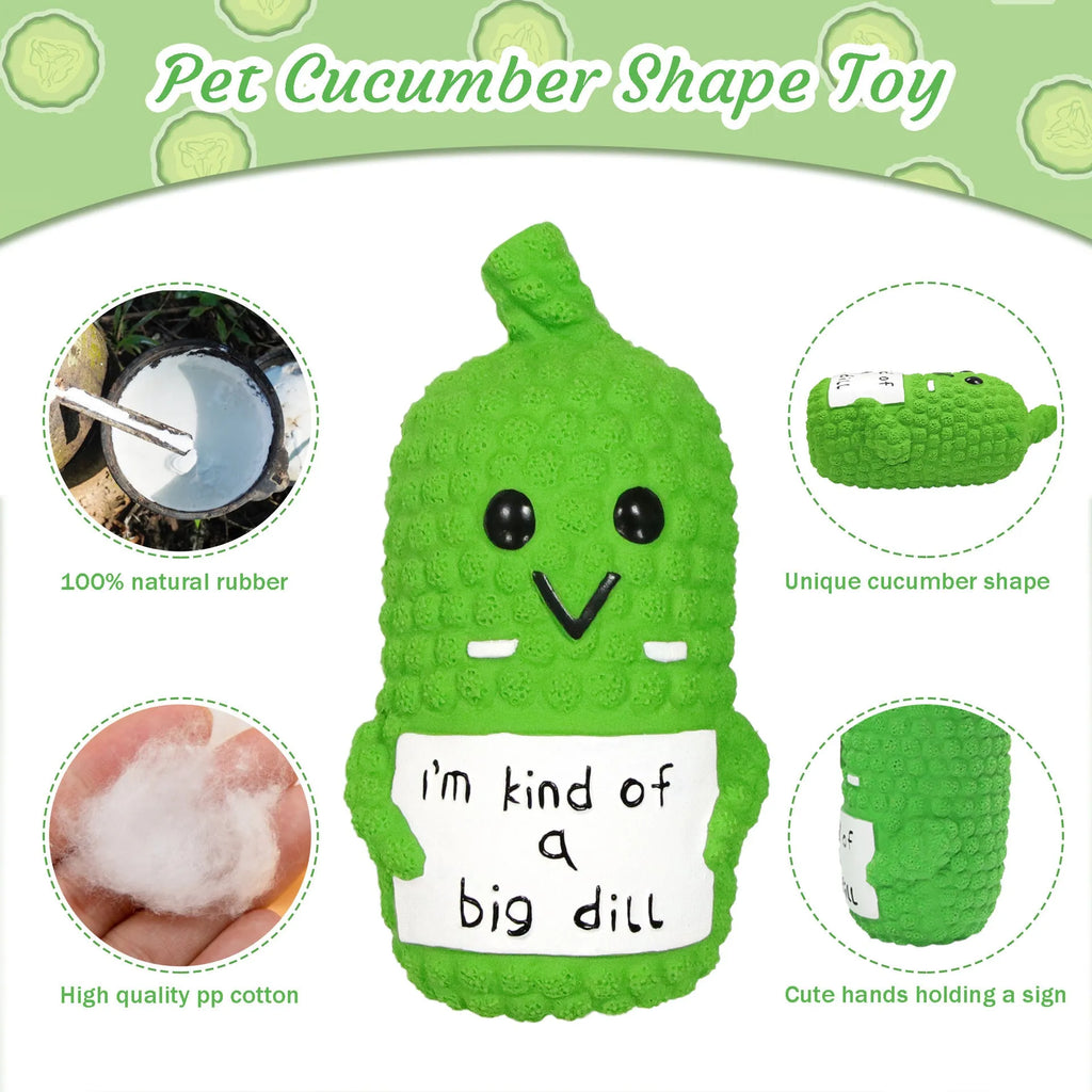 Green pickle-shaped squeaky dog chew toy with textured exterior for dental cleaning