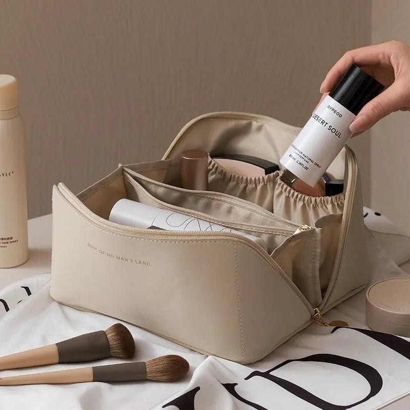 Large capacity travel makeup storage bag in PU leather, 23.5x10.5x11cm, solid colour, white pink light brown black
