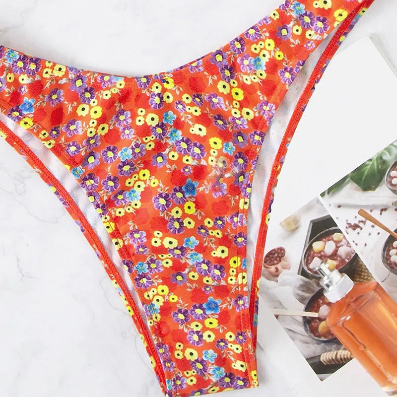 Women's red floral high waist swimsuit with adjustable straps in polyester fabric