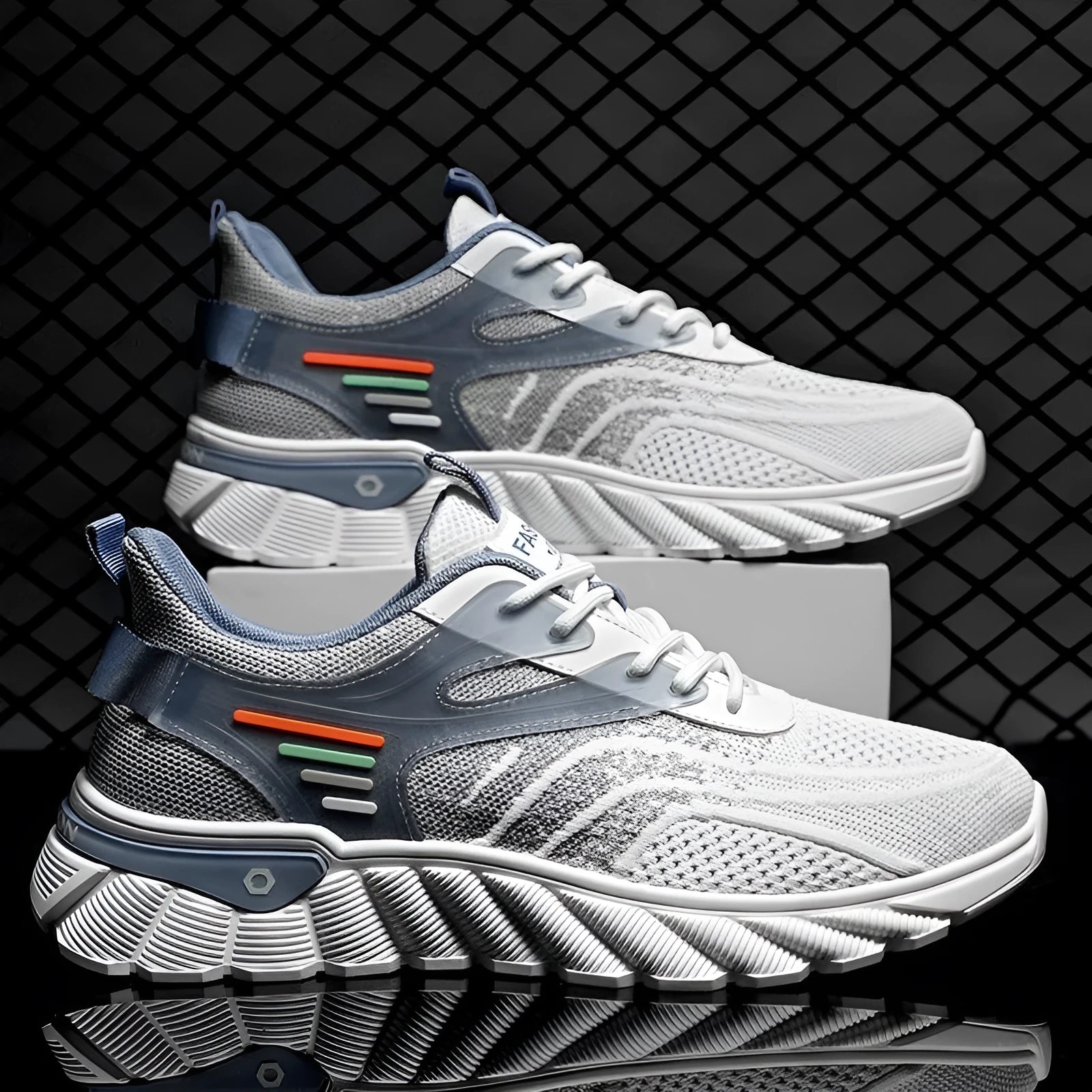 Men's white blue and black platform casual sports shoes with mesh upper and cross shoulder strap design