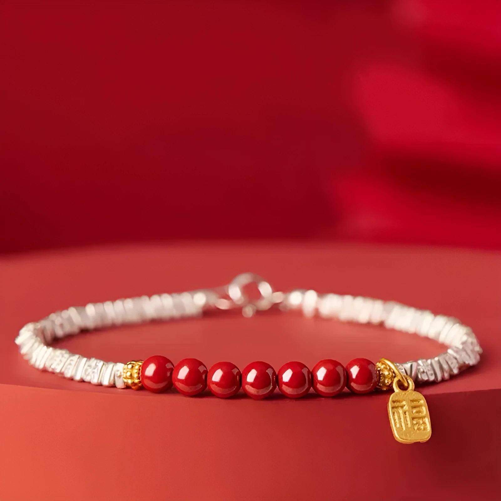 16cm silver white K couple bracelet with geometric design and round lucky beads on copper