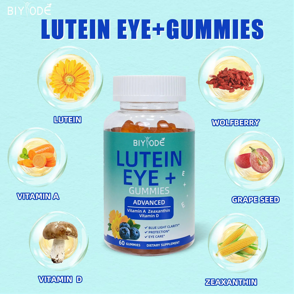 Lutein gummies eye health supplement bottle with 60 gummies, lutein, vitamin A, vitamin D, bilberry, grapeseed and wolfberry