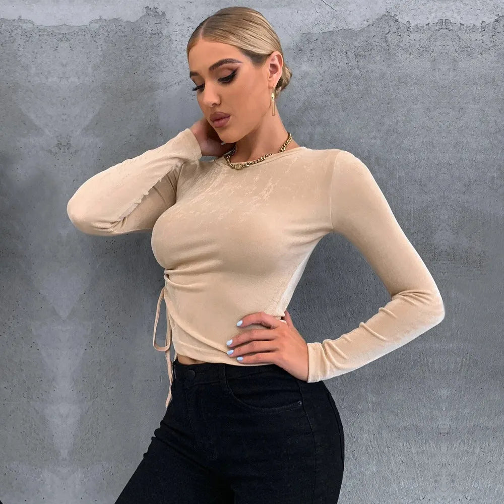 Slim-fit round-neck long-sleeve glossy knit top in solid khaki for women