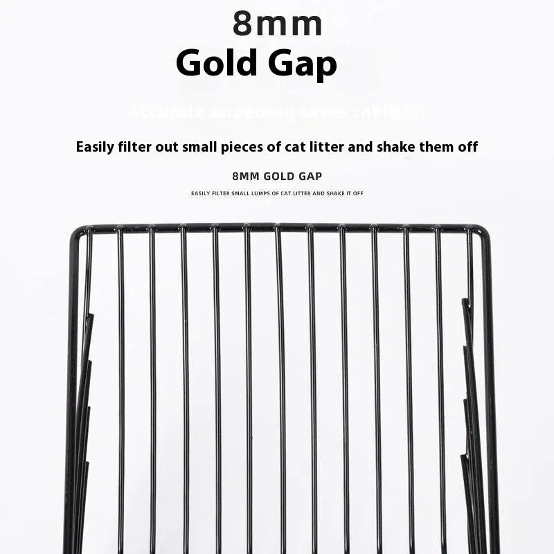 Black alloy metal cat litter scoop with 0.8cm gap spacing between tines