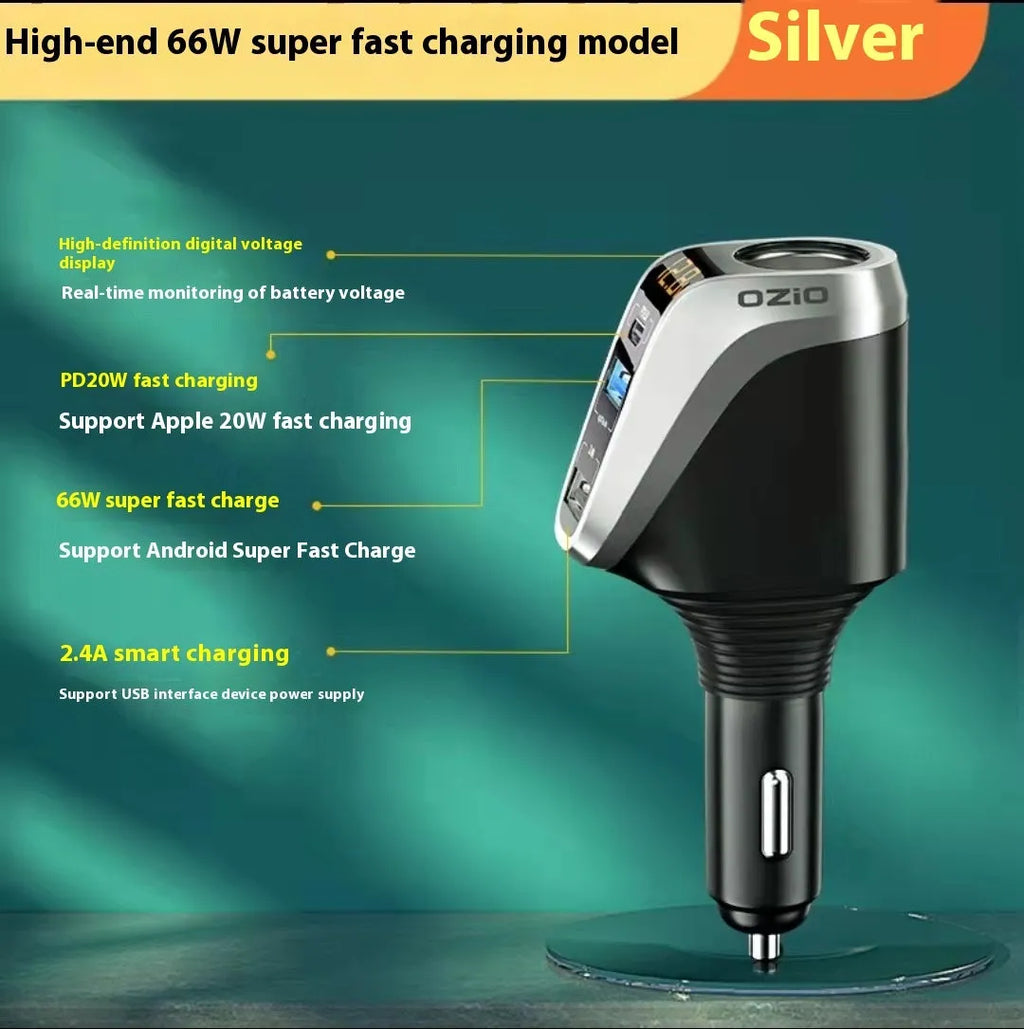 Quick charging car cigarette lighter with one to three conversion plug, wireless pad, and USB output in silver