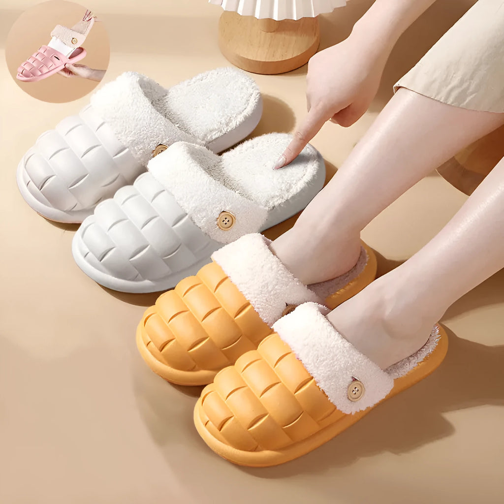 Plaid-patterned detachable women's house slippers with a plush lining and a light-coloured EVA sole.