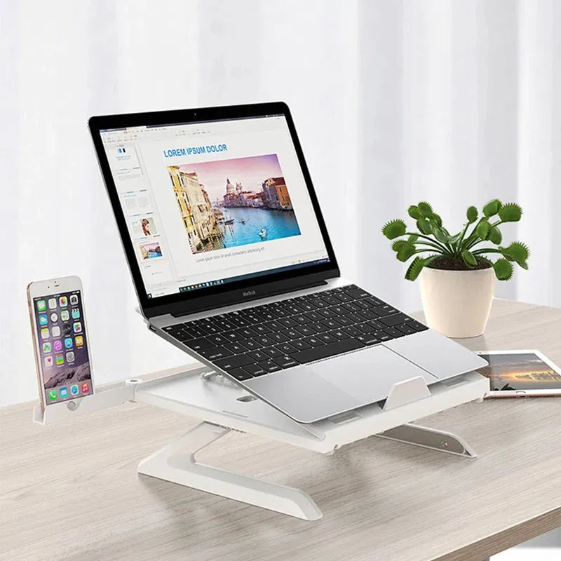 New folding laptop stand in black with 9-level angle adjustment, cooling slot, and phone holder for 10-15.6 inch laptops