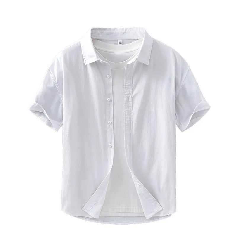 Men's light grey loose fit short-sleeved cotton cardigan shirt on a hanger.