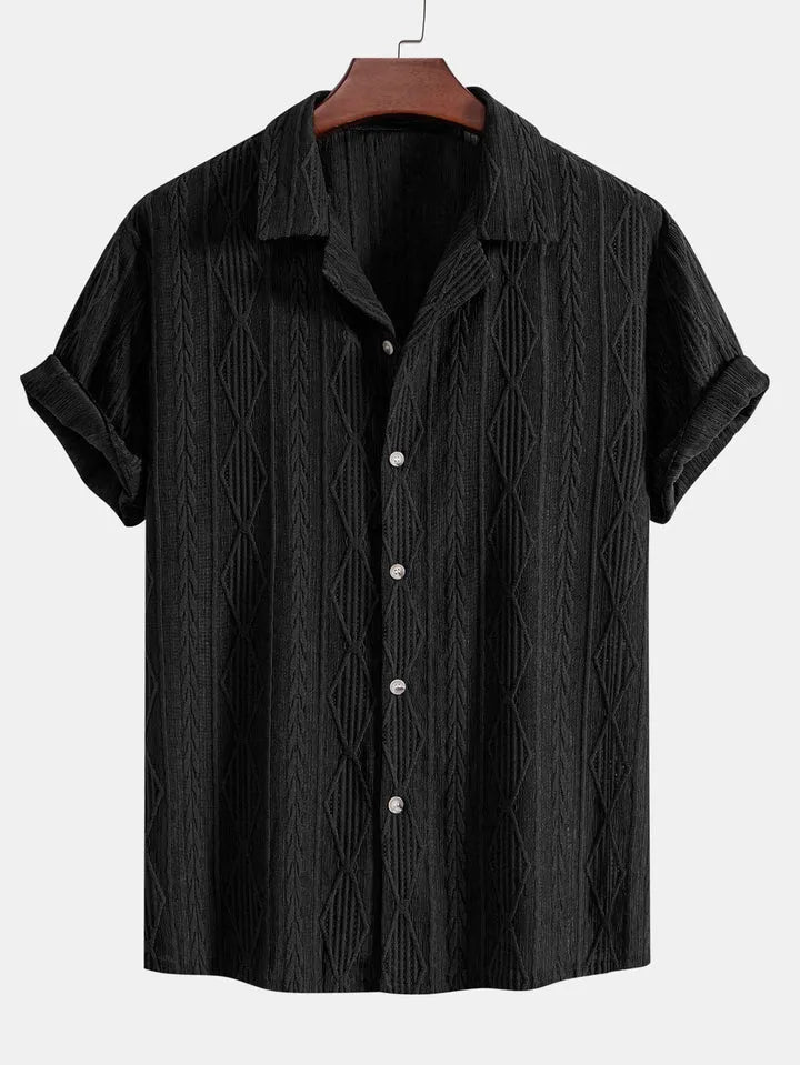 Men's loose fitting cotton-linen blend cardigan in solid colour with short sleeves