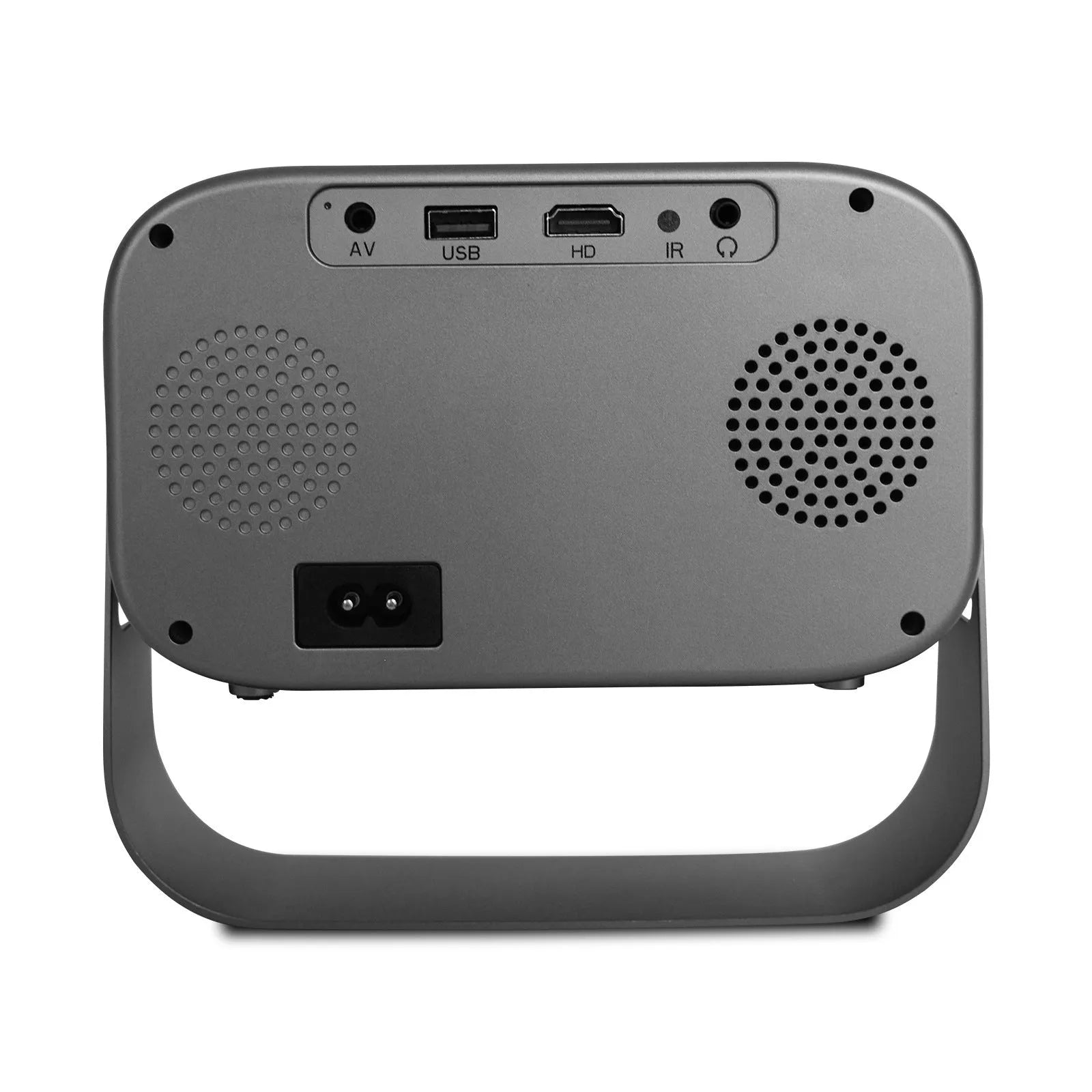 Black portable HD projector with Android system showing presentation on wall