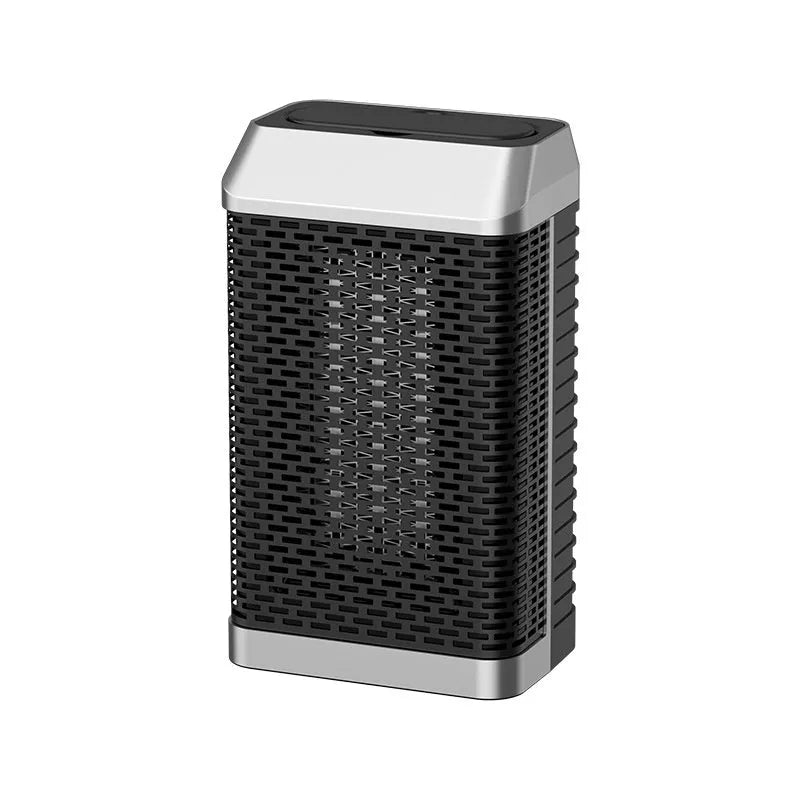 Black desktop smart heater with remote control showing compact 14.5x10x26cm dimensions
