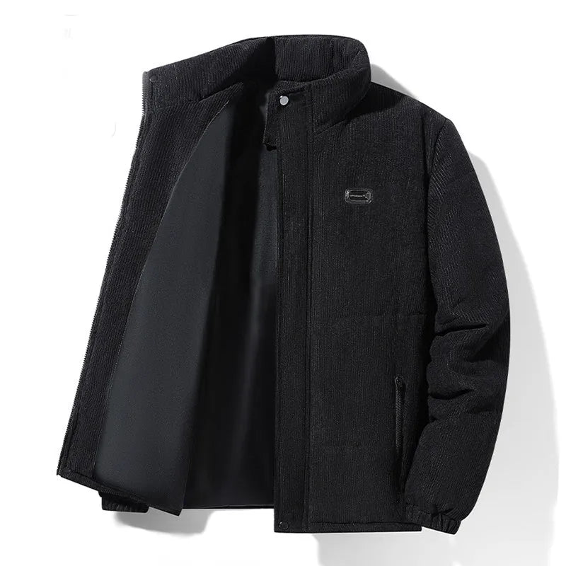 Men's corduroy cotton-padded jacket, fleece-lined, loose fit, 65cm length, round hem, five colours