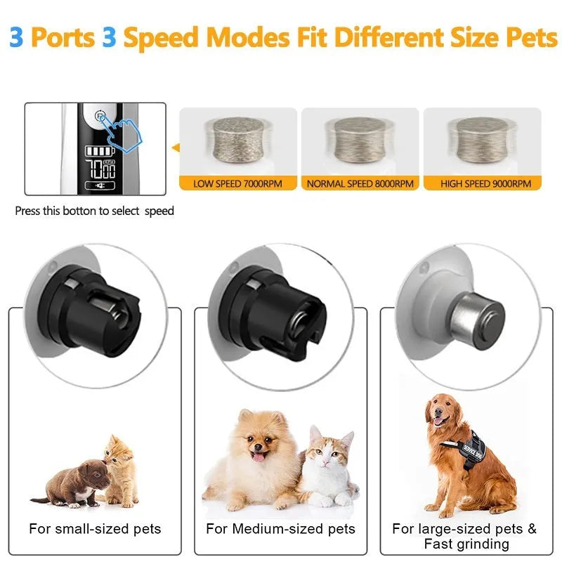 Electric dog nail trimmer device with LED display showing speed settings and automatic piercing function.