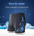 Men's plus size boxer swimming trunks with matching cap in fire pattern design