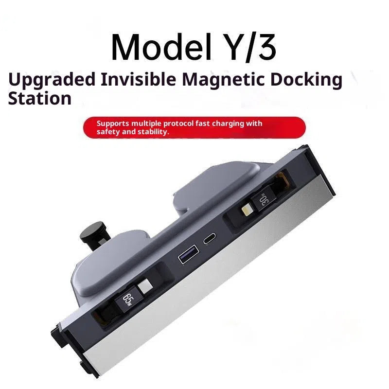 Model 3Y slide-out expansion dock with retractable USB cable for in-car central control charging