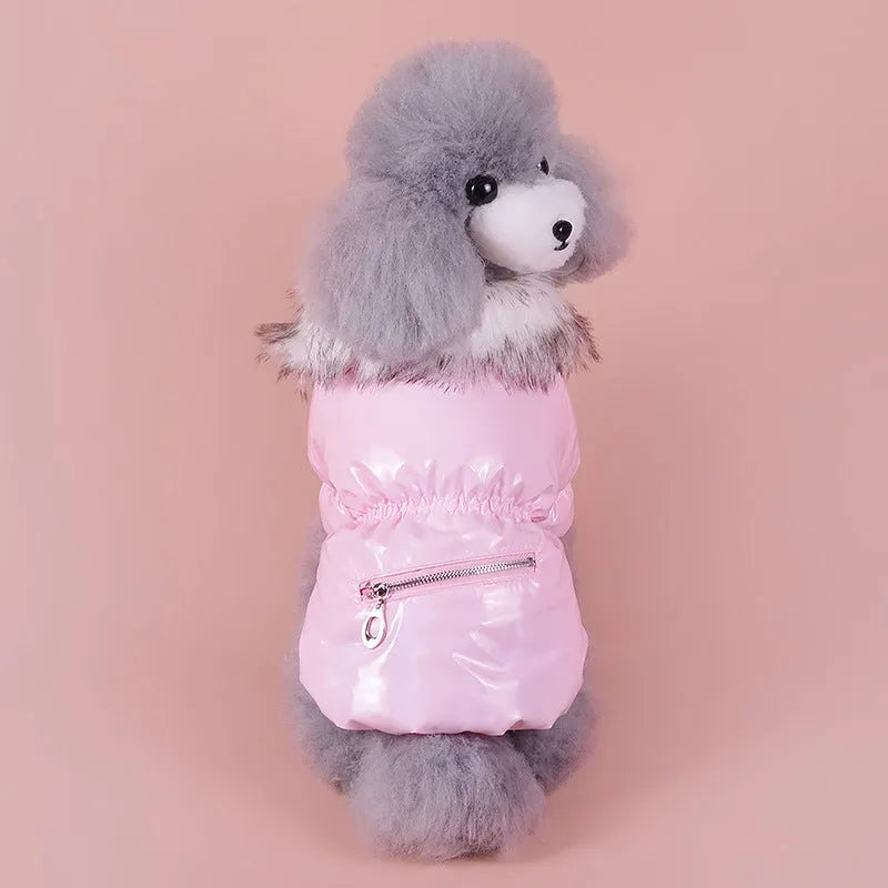 Blue, red, and pink British style cotton down jacket for dogs on a winter background.