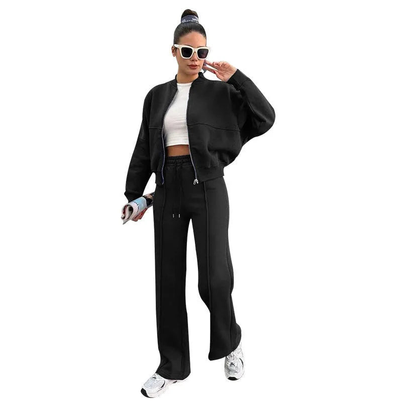 Women's fleece zipper cardigan and straight pants suit in black, casual long sleeve two-piece set