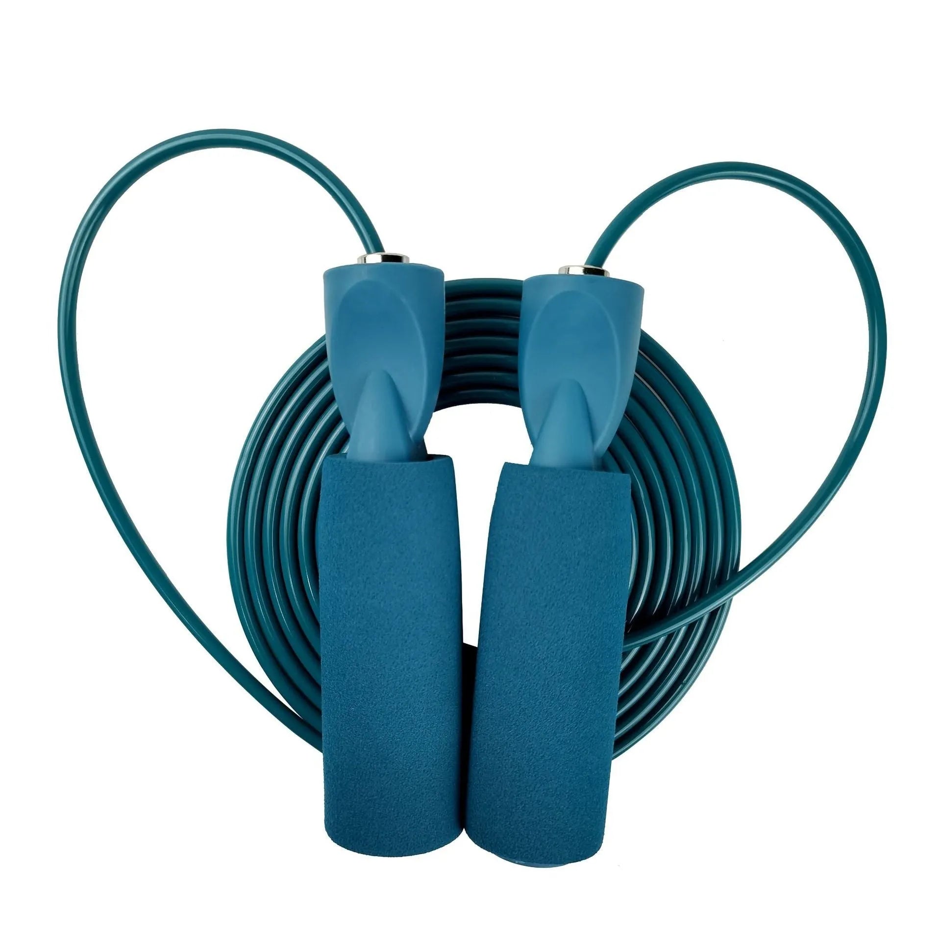 PVC bearing wire rope fitness skipping rope in peacock blue with handles on a plain background