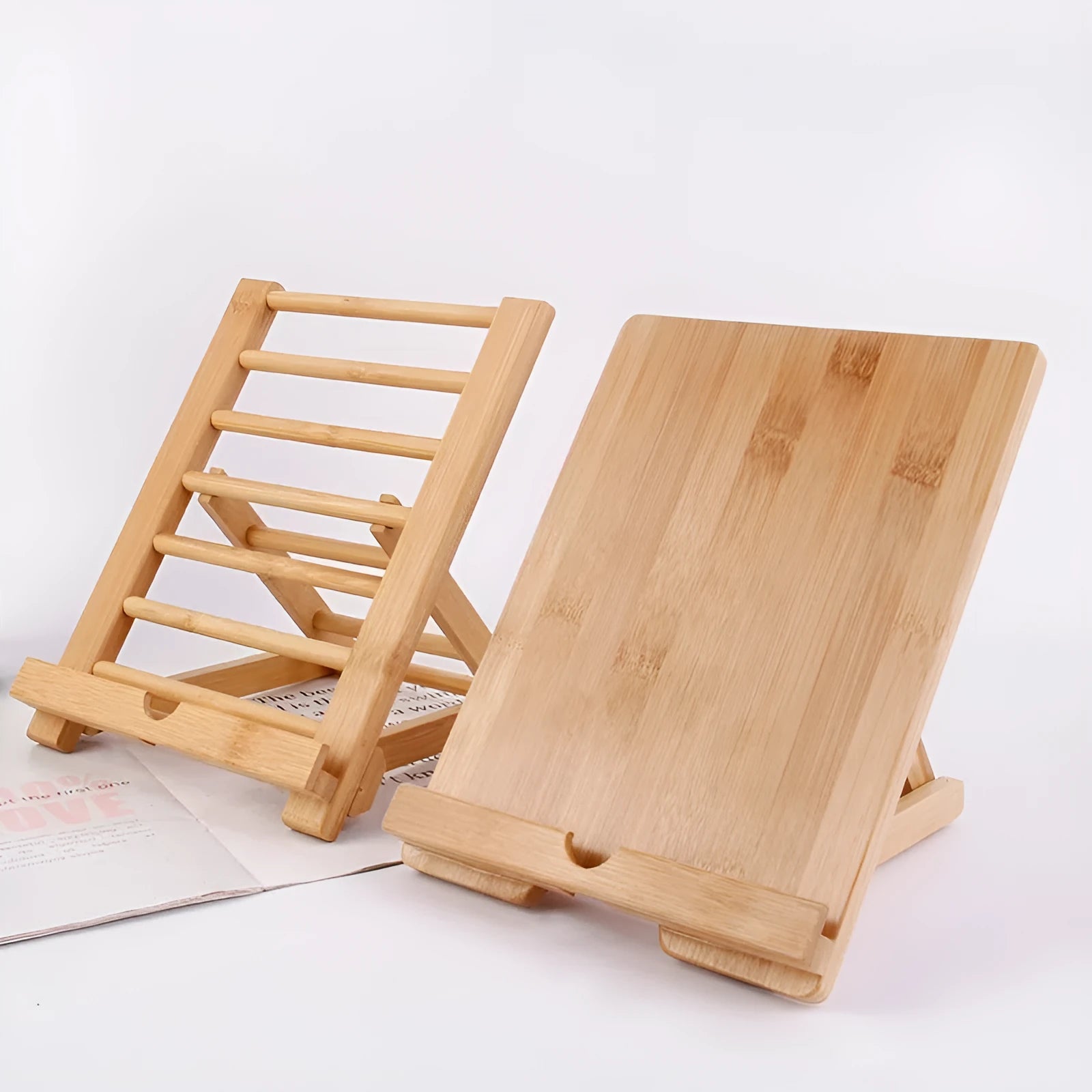 Bamboo adjustable angle foldable desktop phone stand for tablets and smartphones