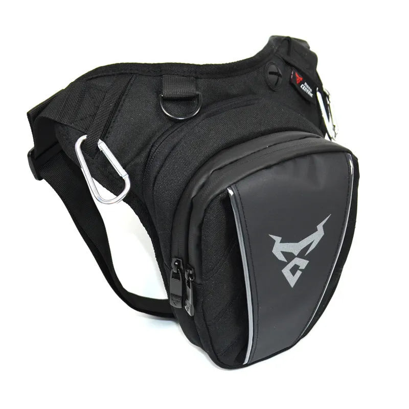 0105MC motorcycle leg bag in 1200D Oxford cloth showing dimensions and colour options