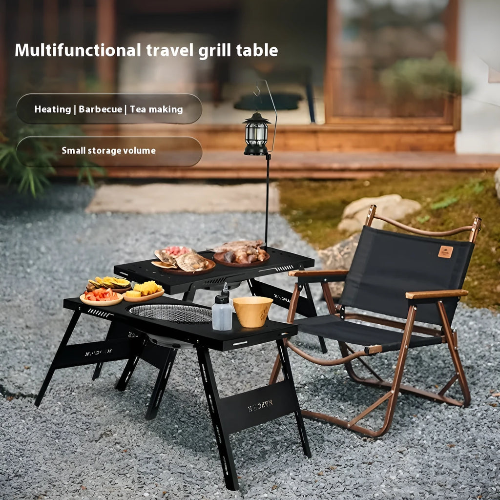 Folding outdoor cooking table with steel construction and grill set for camping
