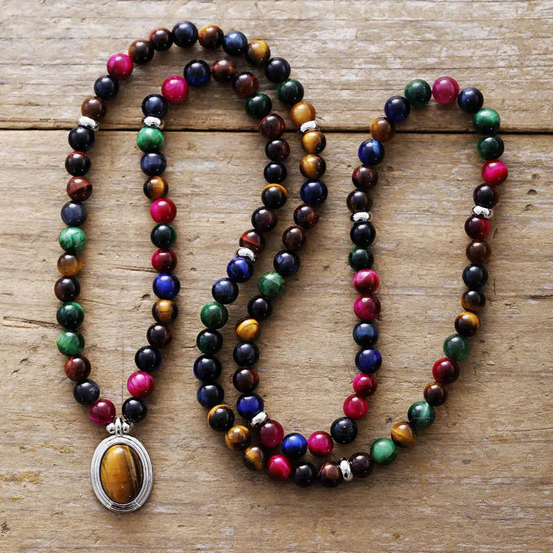Natural stone meditation bracelet necklace with colour tiger-eye beads and 108 symbolic pendants on adjustable chain